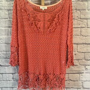 Umgee USA Coral Crochet Lace Tunic Dress Size XL Boho Embroidery Bell Sleeve